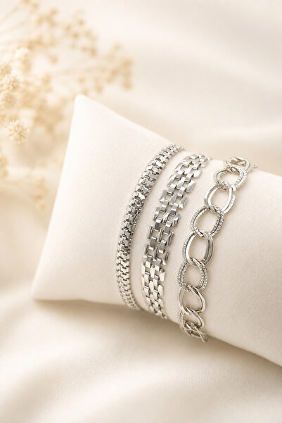 Crc Bijuteri Minimal Stylish Daily Use Silver Color 3-Piece Combination Bracelet