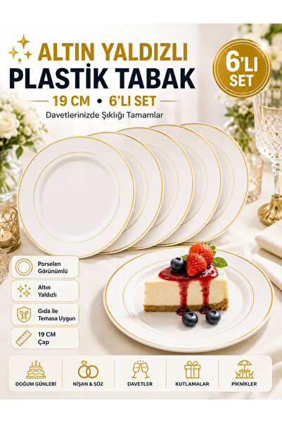 Open Home Concept 6'lı Altın Yaldızlı Plastik Tabak 19 Cm Porselen Görünümlü ...