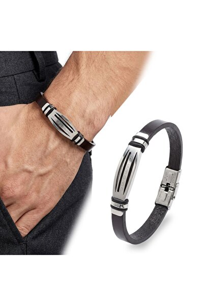 SeyCey.co Men's Leather and Steel Bracelet with Motif and Adjustable Cord - O...