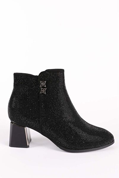 Guja Women's Stone Detailed Zippered Pointed Toe Thick Heeled Boots Black