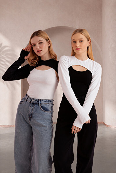 mirach 2’li Paket Parmaklı Boyunluklu Kolluk Crop Seti Siyah Beyaz | Uzun Kollu Tesettür Crop Body