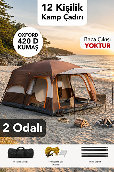 Fischer 2 Odalı Kamp Çadırı - Otomatik Kurulum 12 Kişilik 4 Mevsim Oxford Kum...