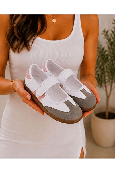 PLN SHOES حذاء راقصة الباليه الرياضي اليومي باللون الأبيض من نوع فيلكرو ماري ...