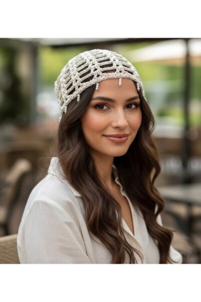 Aygül Home Beyaz simli ve gümüş pullu file bandana