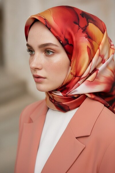 Vissona %100 Twill İpek Batik Çiçek Desenli Hardal - Kırmızı Renkli 90x90 Eşa...