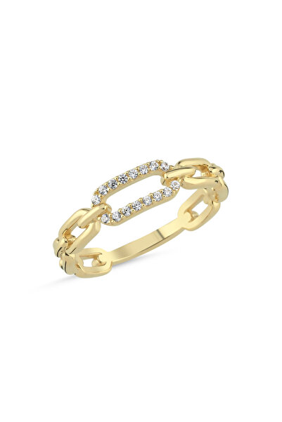 Sembol Gold 14 Ayar Altın Zincir Detaylı Taşlı Kadın Yüzük – Modern Tasarım