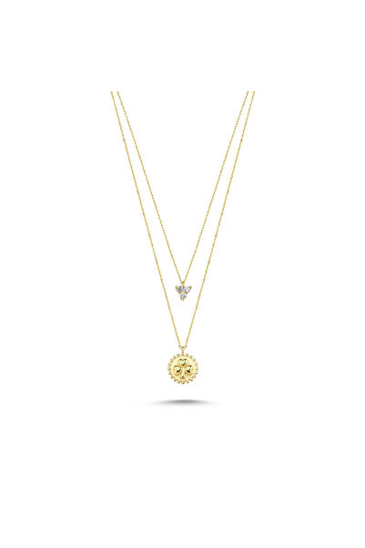 Sembol Gold Altın Cemre Kolye 14K Papatyalı Taşlı Çift Zincirli