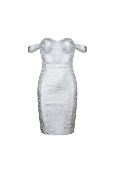 NO BRAND Rochie bandage elegantă - Argintiu, S