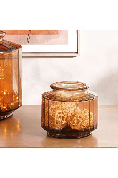 PAN HOME Demi Recycled Glass Vase With Ribbed Design 14x11.45cm - Light Brown
