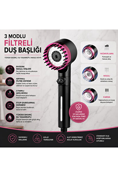 yusa stores 3 Modlu Filtreli Masajlı Duş Başlığı - Stop Düğmeli Yüksek Basınç...