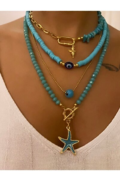 Trend Jewellery (DÖRT KOLYE) Doğal Taş Mavi Turkuaz Firuze & Çelik Zincir Kri...