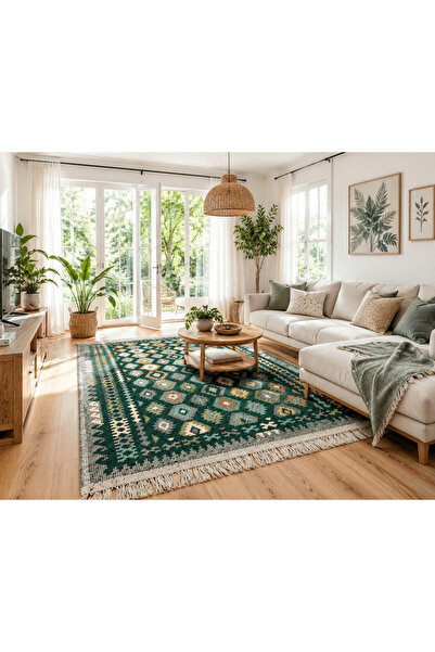 OEM Covor tradițional, IUTA, dimensiune 200 x 300 cm, verde si crem, model ROMB