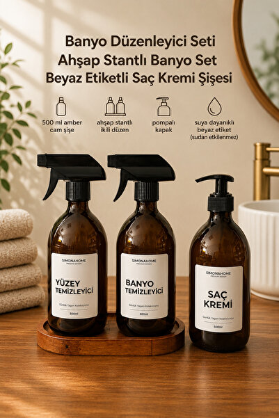 Simona Home Bathroom Organizer Set with Wooden Stand, White Label Conditioner...