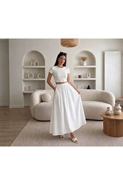 Gülmude Tesettür Etek Uzun Çift Cepli Poplin Kumaş Beli Lastikli İç Göstermez...