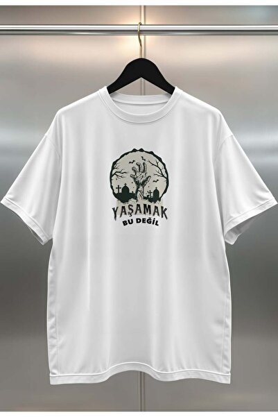 buzagi tasarım ürünleri Living Is Not That Oversized Digital Printed White T-...