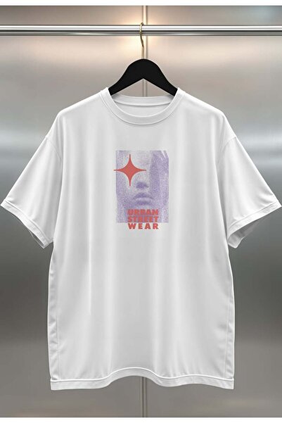 buzagi Urban Digital Print Oversize White Unisex T-Shirt