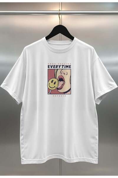 buzagi tasarım ürünleri Everytime Digital Print Oversize Unisex White T-Shirt