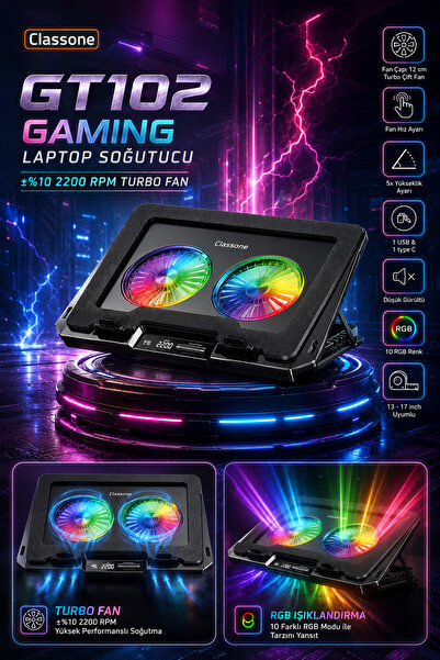 Classone GT102 Gaming Laptop Soğutucu, 2200rpm , Rgb Işıklı , Led Display , N...