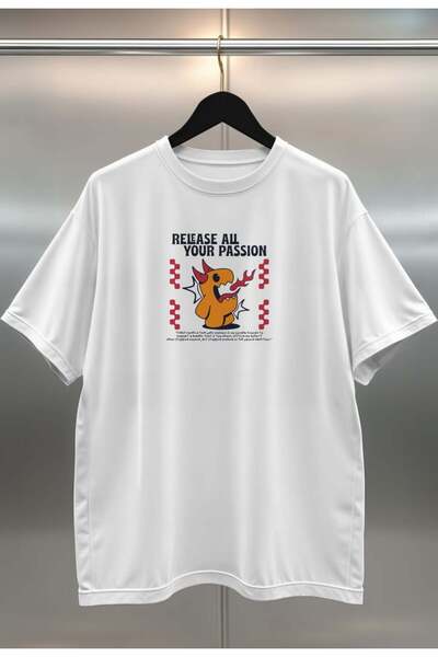 buzagi Passion Digital Print Oversize White Unisex T-Shirt