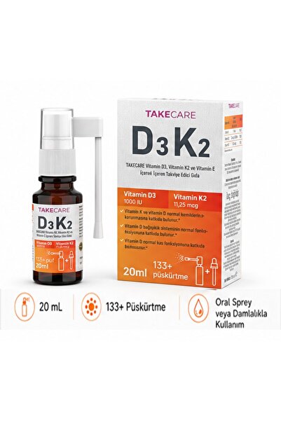 TakeCare Vitamin D3, Vitamin K2 ve Vitamin E İçeren Takviye Edici Gıda 20ml S...