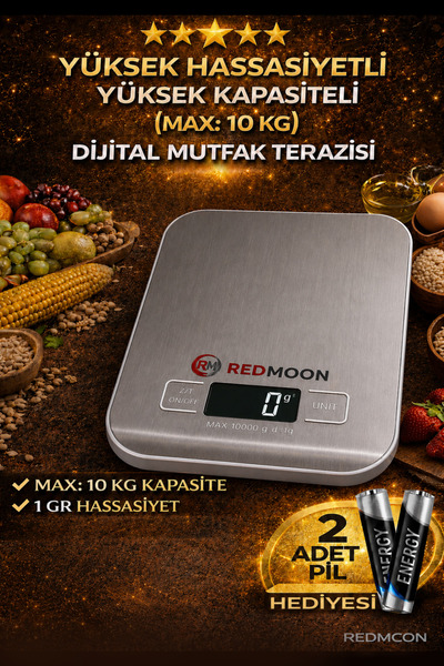 REDMOON 10 KG 1 GR Hassas Dijital Mutfak Terazisi Paslanmaz Çelik Tartı + 2 P...