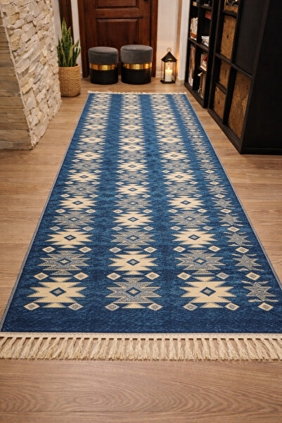 OEM Covor tradițional, iută, dimensiune 80 x 300 cm Albastru și crem