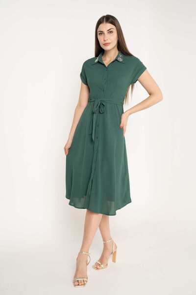 mica Short Sleeve Midi Dress with Tie Neck