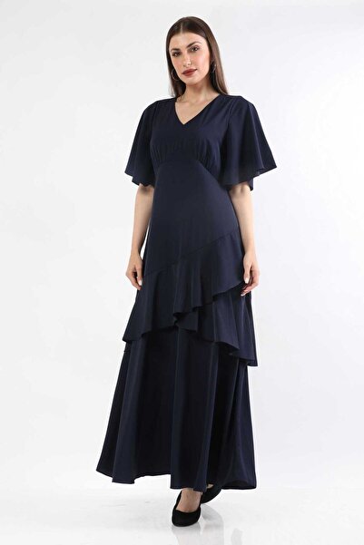 mica Womens' Long Ruffled Dress with Short Sleeves and Seven-Opening