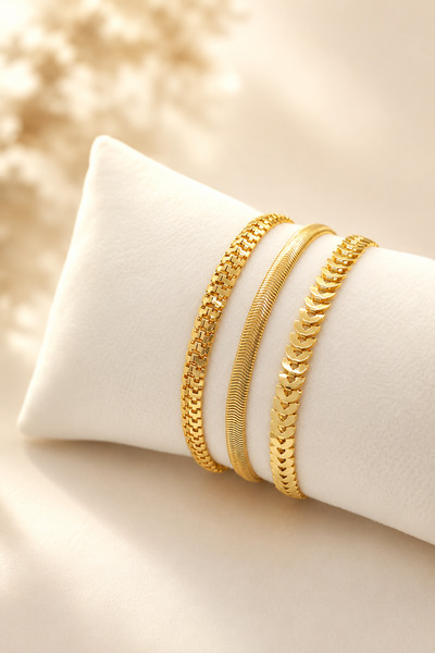 Crc Bijuteri Gold Plated 3-Piece Fish Scale Detail Bracelet Combination