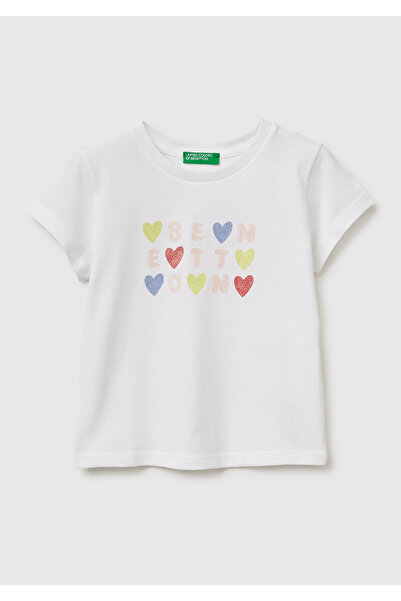 United Colors of Benetton فتاة بيضاء لامعة مطبوعة برسومات قصيرة الأكمام تي شي...
