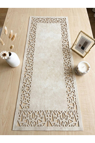 Ergüven Home Bej Geometrik Üçgen Desen Süet Kumaş Runner 40x100 Cm Sehpa Boyu