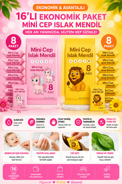 ANI OFİS KIRTASİYE A K Mini Cep Islak Mendil 16'li Paket – Alkolsüz, Paraben ...