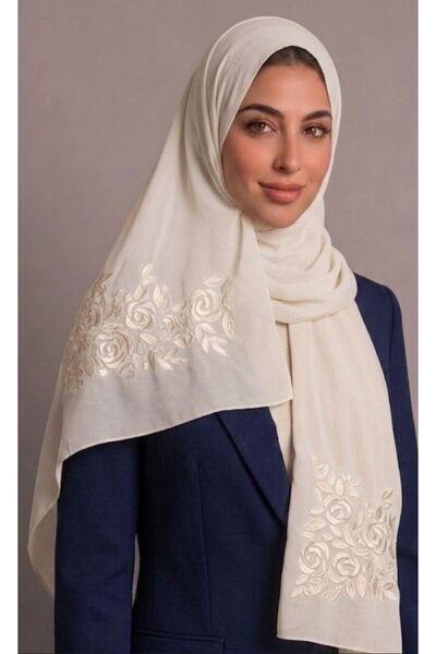 Veil Designer طرحه بوال اوف وايت بنطريز الورد الجوري علي الطرفين قماش ياباني ...