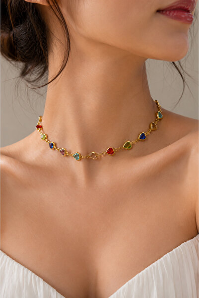 CAXBERN Gold Colored Zircon Heart Choker Necklace