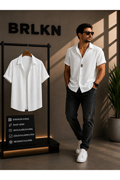 BRLKN Boyfriend Fit Gofre Kumaş Alaçatı Stili Unisex Bürümcük KISA KOL GÖMLEK
