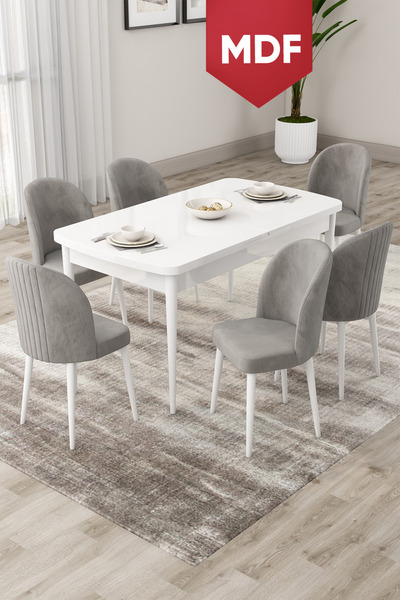 Canisa Roe Serisi Açılabilir MDF 80x132 Beyaz Masa Takımı Ve 6 Gri Sandalye