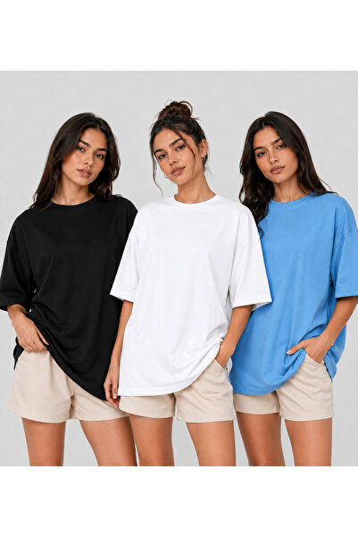 POLYMOOD 3'Lü Set Oversize %100 Organik Pamuk Yuvarlak Yakalı Bol Kesim T-Shirt
