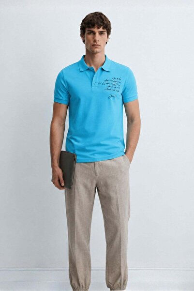 Madmext Ανδρικό μπλουζάκι με γιακά πόλο και κέντημα σε τιρκουάζ χρώμα 4634