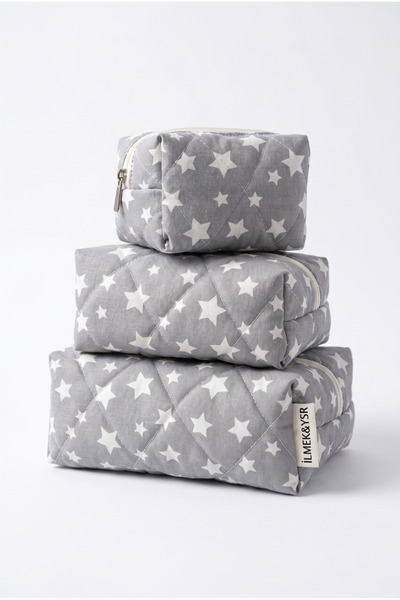 İLMEK&YSR 3-Piece Makeup and Cosmetic Bag Set - Gray Starry Quilted Organizer...