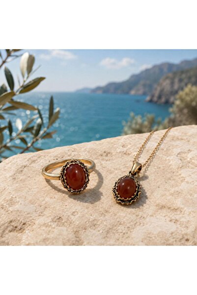 Shinestar atelier Kırmızı Akik Taşlı Gold Kadın Yüzük ve Kolye Takımı Doğal T...