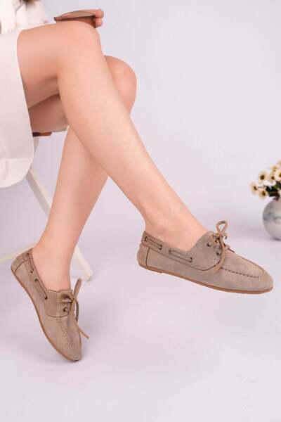 Nesil Shoes حذاء باليه نسائي من جلد الغزال المنك برباط من Gabbel 300