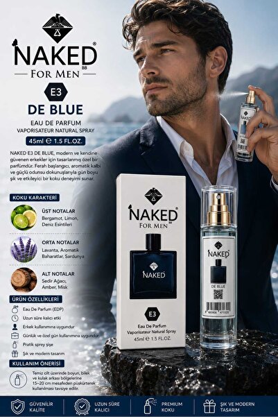 naked E3 DE BLUE Erkek Parfüm EDP 45 ml Ferah Odunsu ve Aromatik Koku