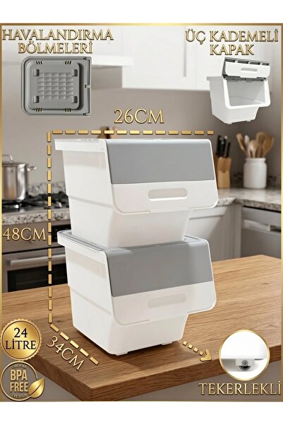 Mulina Home 2'li Gri Beyaz Patateslik Soğanlık & Çok Amaçlı Sepet 24Lt