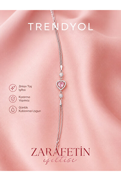 Pembe Zirkon Taşlı Kalpli Model Bileklik 925 Ayar Gümüş Bileklik