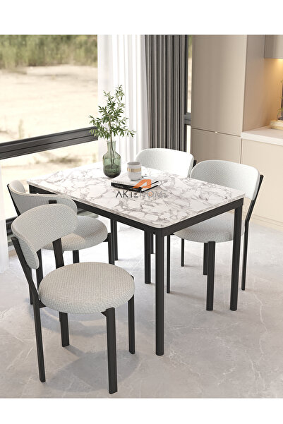 Aktehome Luna 4 Kişilik Mutfak Masa Sandalye Takımı 70x110 cm Beyaz Mermer