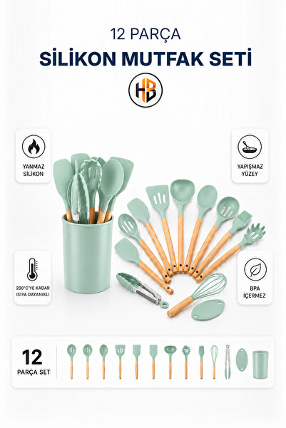 HOBİLON 12 Parça Isıya Dayanıklı Bambu Saplı İz Yapmaz Silikon Spatula Mutfak...