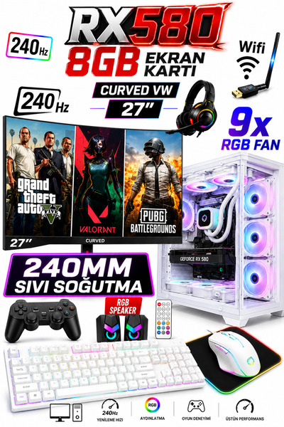 Dmc N153 (PUBG,GTA 5 ) I7 2600,16GB RAM,500GB HDD,256GB SSD,RX580,27''240hz Curved Oyuncu Masaüstü Bilgisayar