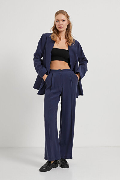 Arma Life Women's Office Style Pleated Loose Navy Palazzo Pants