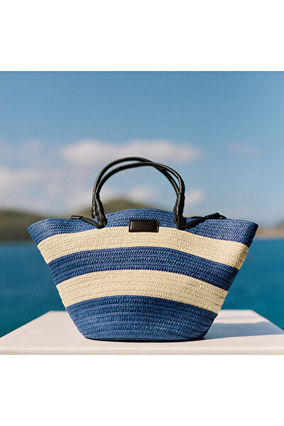 Mudo Women's Navy Blue Striped Straw Shoulder Bag