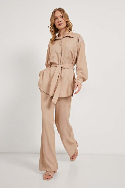 Arma Life Women's Belted Loose Shirt Baggy Pants Coffee Bottom Top Set